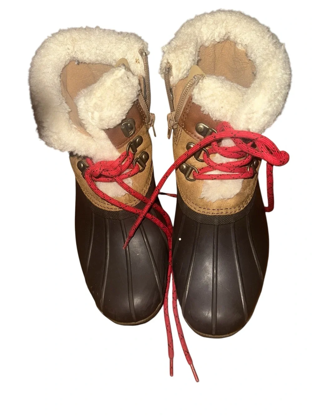 Sperry Duck Boots Kids Size 4M Brown Tan Faux Fur Trim Red Laces